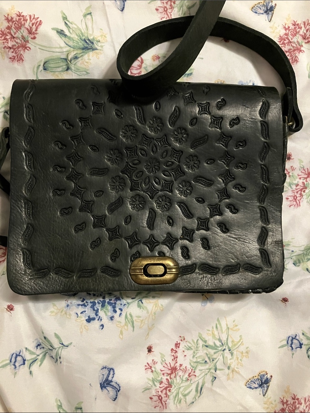 Hand-Tooled Leather Crossbody Bag in Black